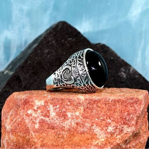 Peaks Jewelry Other - Logan Pineapple Mens Etched Silver Ring Black Onyx Simulate Size 9 Gift Boxed
